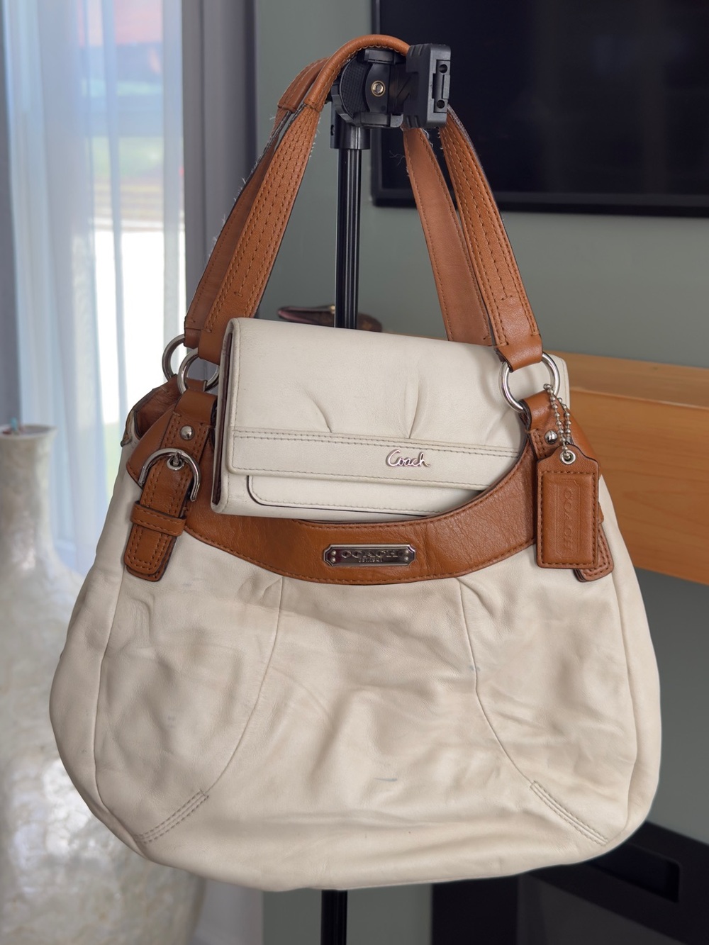 Coach Two-Tone Cream and Brown Leather Shoulder Bag